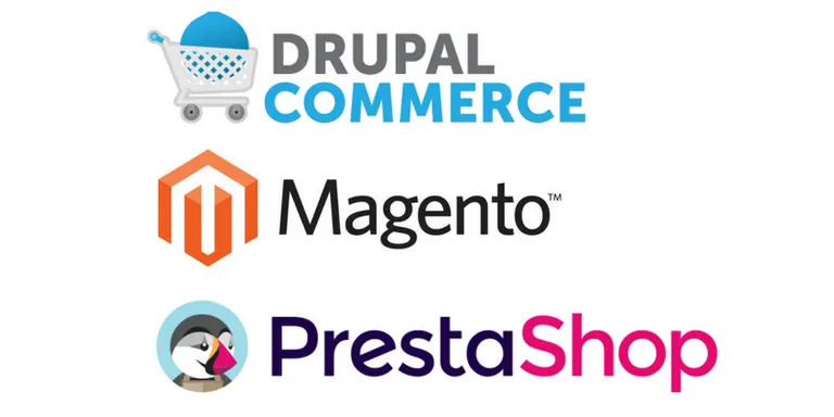 Logos of Drupal Commerce, Magento and PrestaShop