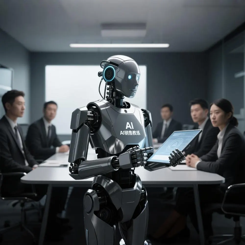 Humanoid robot labeled AI sales coach holding a tablet in a meeting room with business people