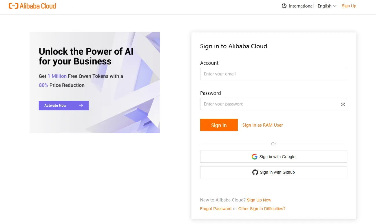 Alibaba Cloud international sign-in page with email and password fields