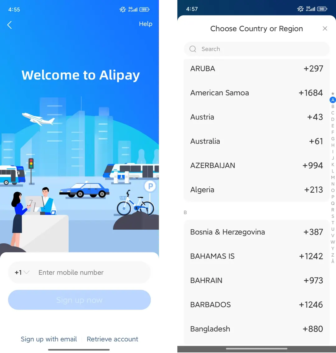 Alipay sign-up screen in English with a mobile number field and a list of country calling codes
