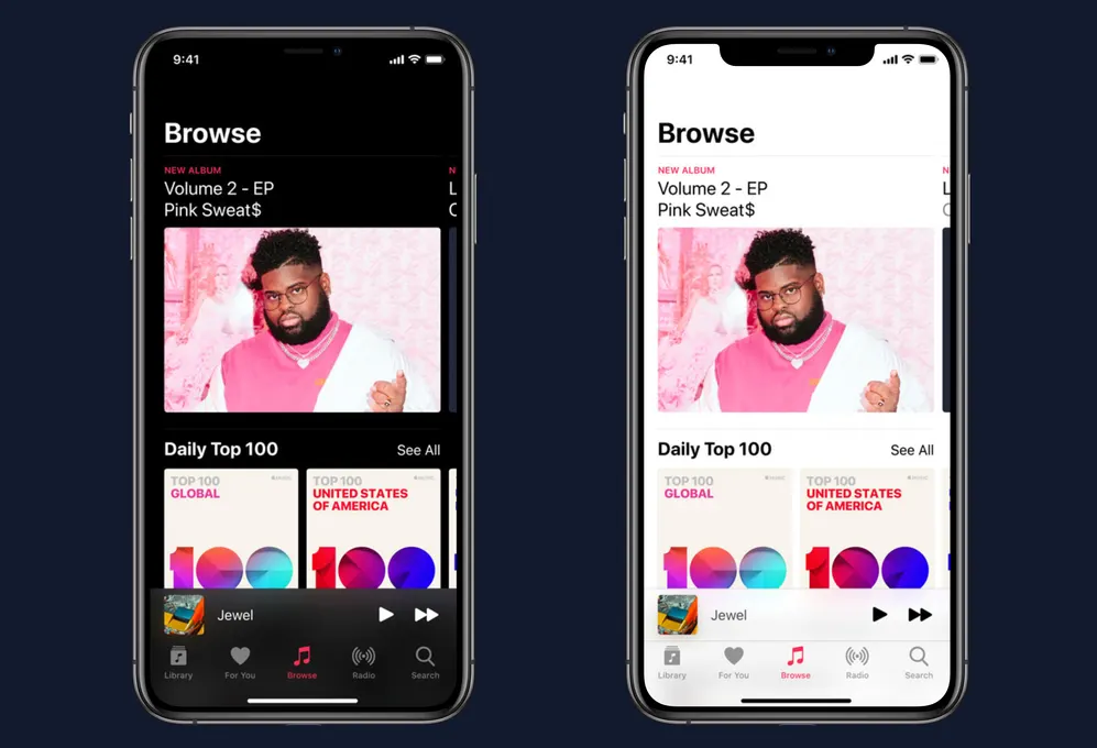 Two phones showing the same music app screen in dark mode and in light mode