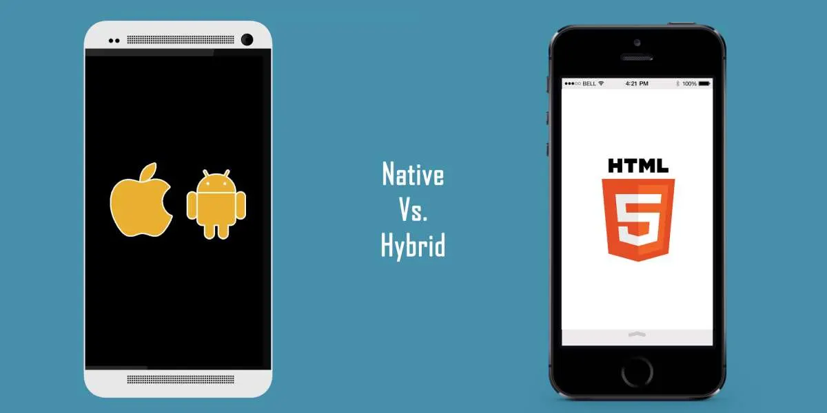 Two smartphones, one showing the Apple and Android logos, the other the HTML5 logo, with the words Native vs. Hybrid
