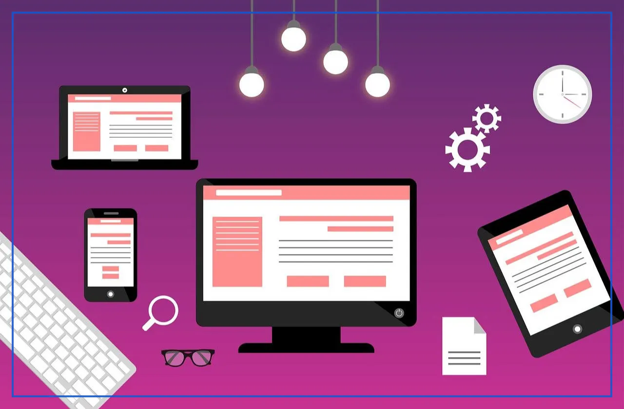 Illustration of the same web page displayed on a laptop, a desktop monitor, a tablet and a phone
