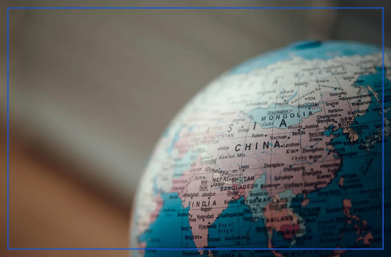Close-up of a globe centered on China and East Asia