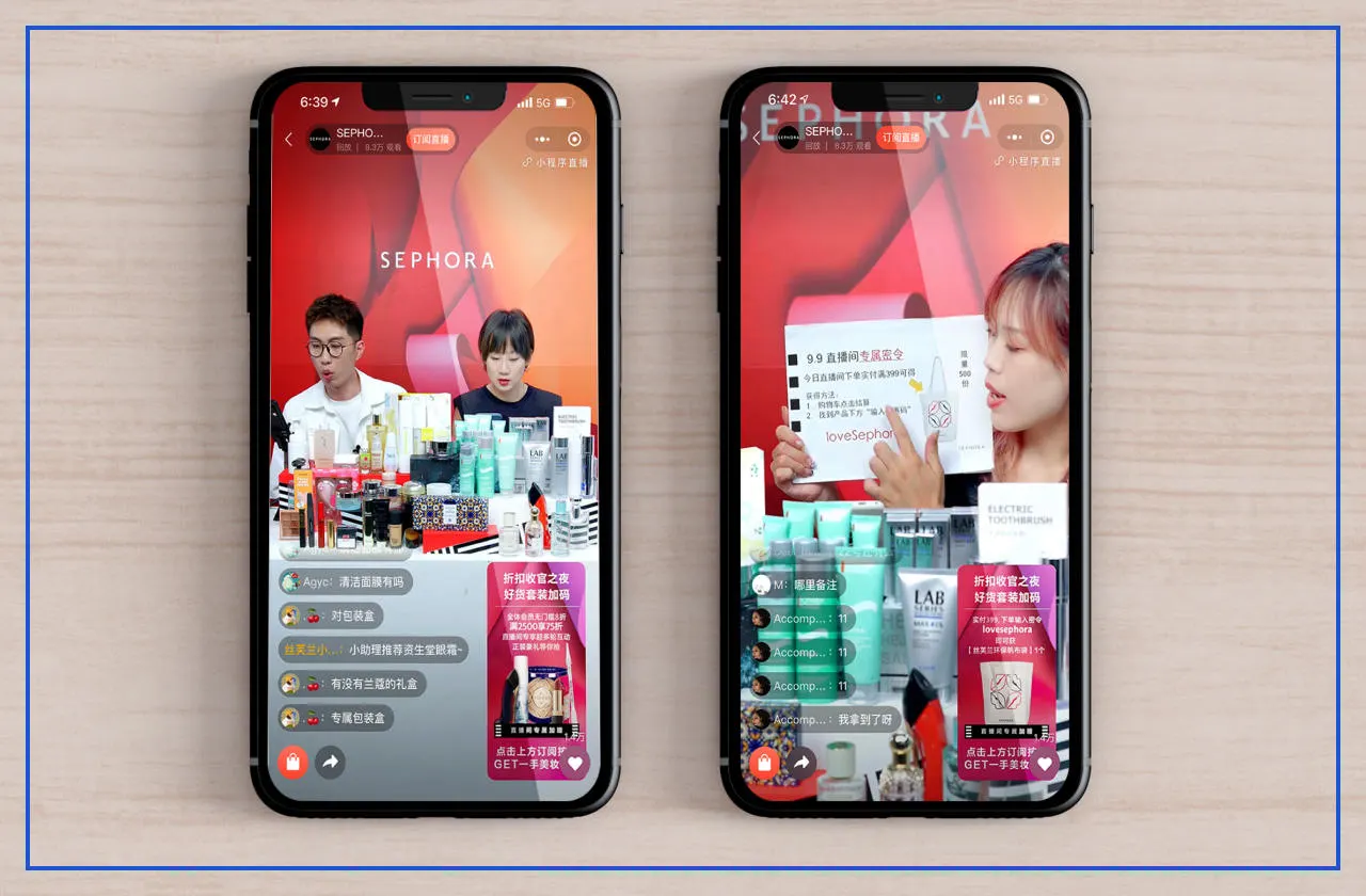 Two phones showing a Sephora livestream in a WeChat mini program, with hosts presenting beauty products