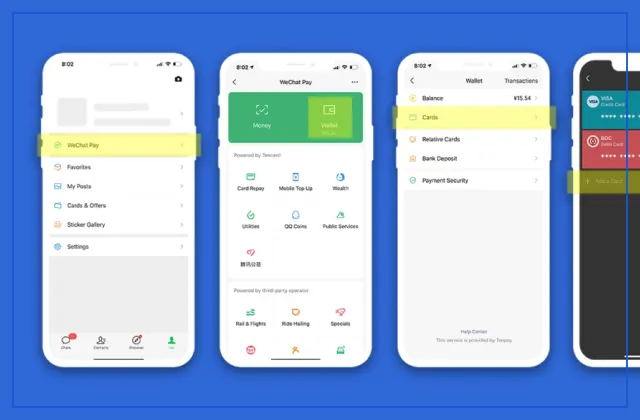 WeChat Pay screens showing how to open the wallet and add a bank card