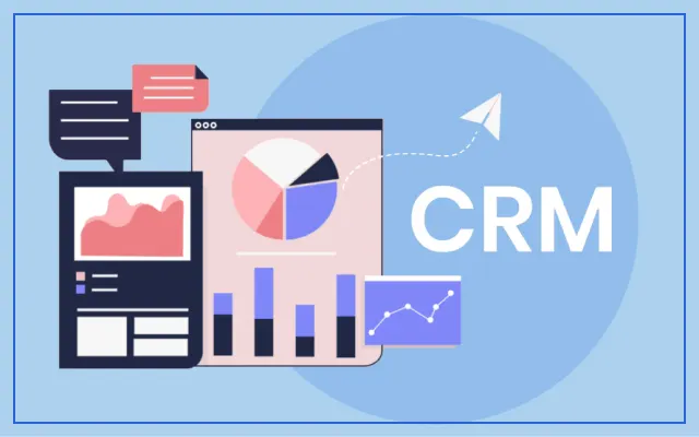 Illustration of CRM dashboards with pie, bar and line charts next to the word CRM