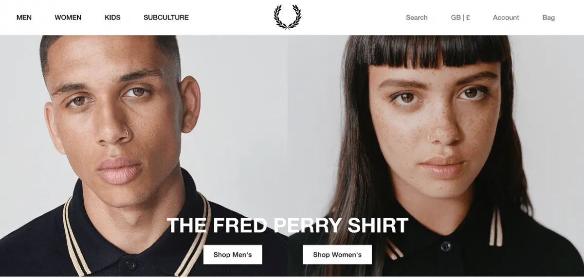 Fred Perry website home page in 2019, with two models wearing Fred Perry shirts and a GB pound currency selector
