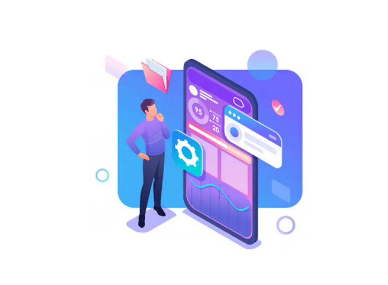 Illustration of a man studying a large smartphone screen that shows charts and settings
