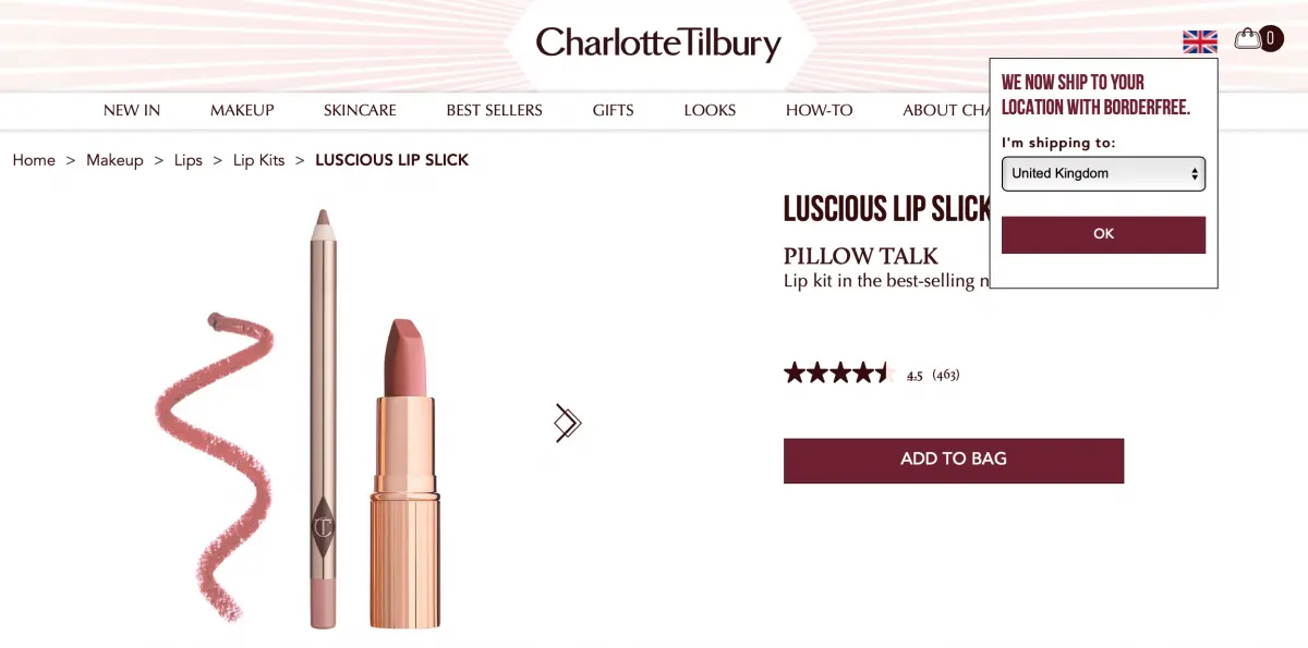 Charlotte Tilbury product page for the Pillow Talk lip kit, with a Borderfree pop-up to choose the shipping country