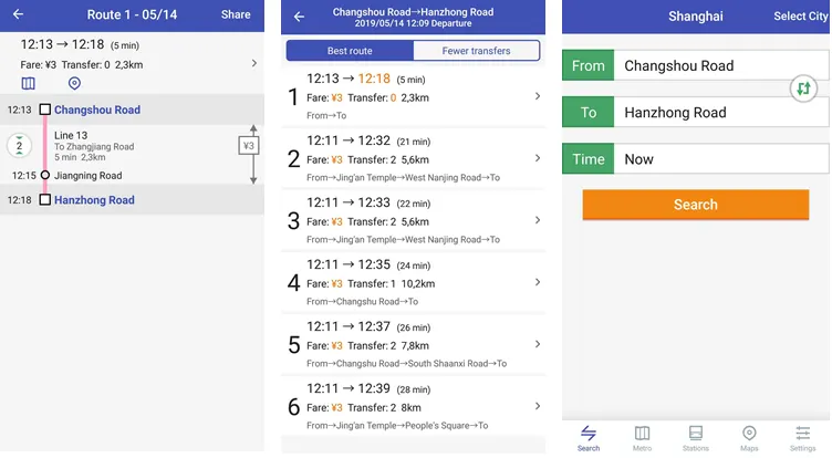 Metro Shanghai app screens: a route from Changshou Road to Hanzhong Road with fares, transfers and travel times