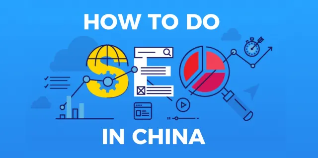 How to do SEO in China guide banner with SEO letters and analytics icons