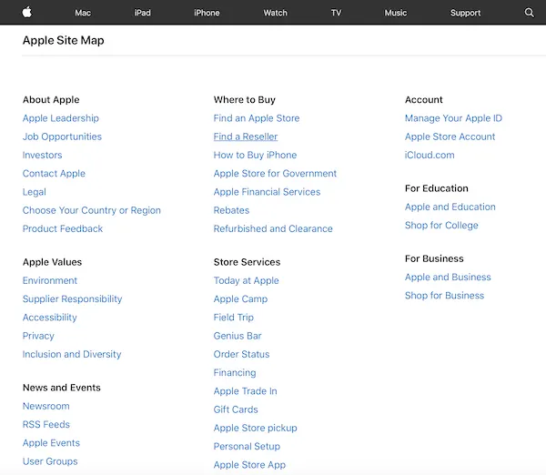 Apple Site Map page listing links grouped by section, an example of an HTML sitemap