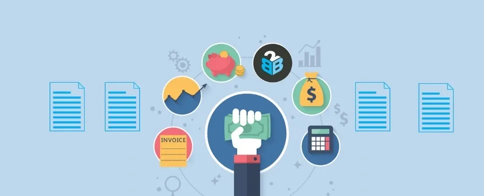 Illustration of a hand holding banknotes, surrounded by invoice, piggy bank, growth chart, money bag and calculator icons