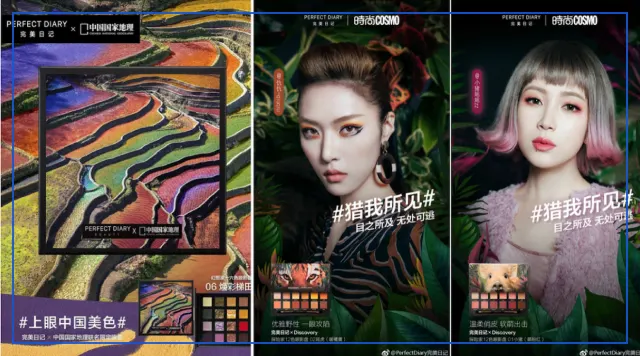 Perfect Diary eyeshadow campaign posters co-branded with Chinese National Geography and Cosmopolitan China