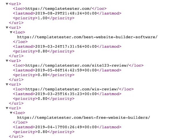 XML sitemap in a browser, with url entries that contain loc, lastmod and priority tags