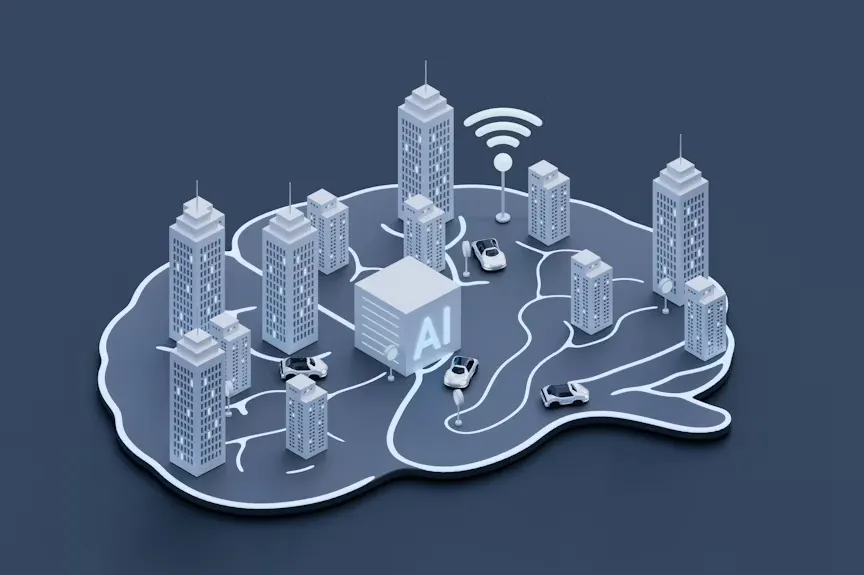 Illustration of a city built on a brain-shaped map, with an AI block linking buildings and self-driving cars