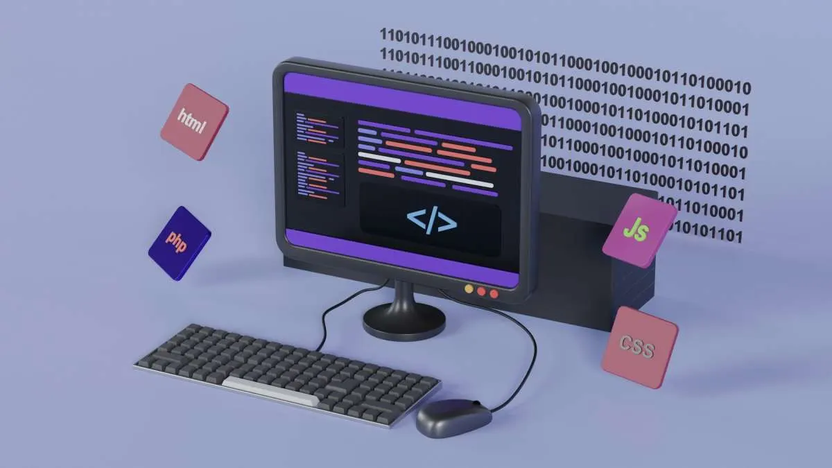 Illustration of a computer screen with code, surrounded by HTML, PHP, JavaScript and CSS tiles