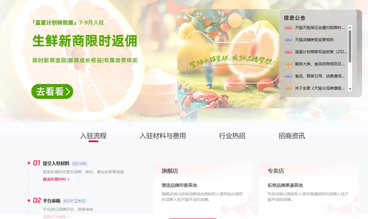 Tmall merchant recruitment page in Chinese, showing the application steps and the flagship and specialty store types