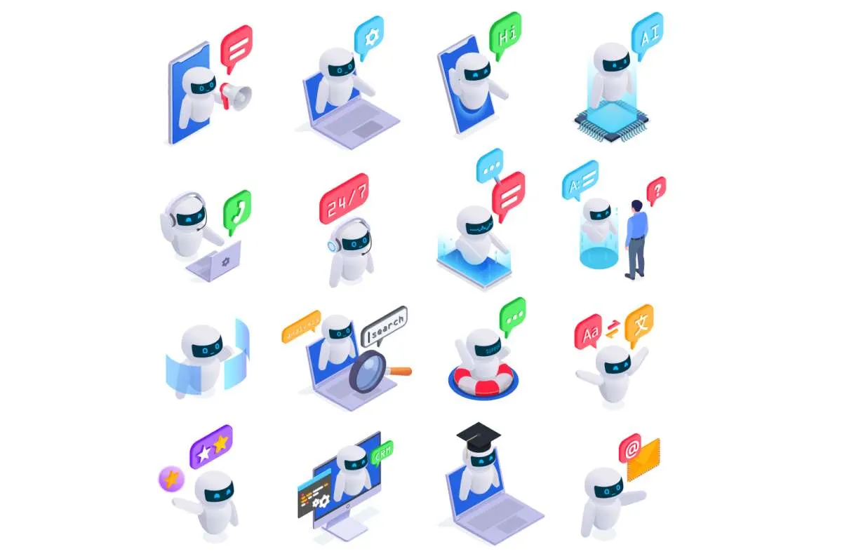 Set of robot icons representing chatbot uses: customer support, search, translation, CRM, email and education