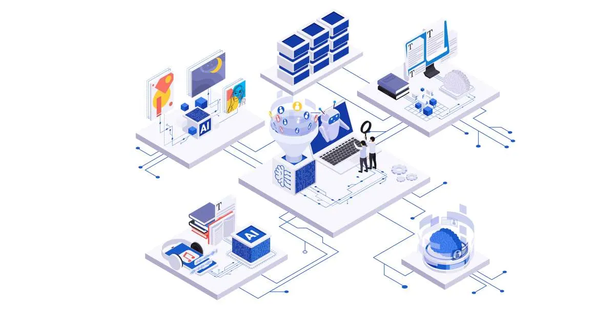 Illustration of AI building blocks for content, data, documents and a chatbot, linked by circuit lines