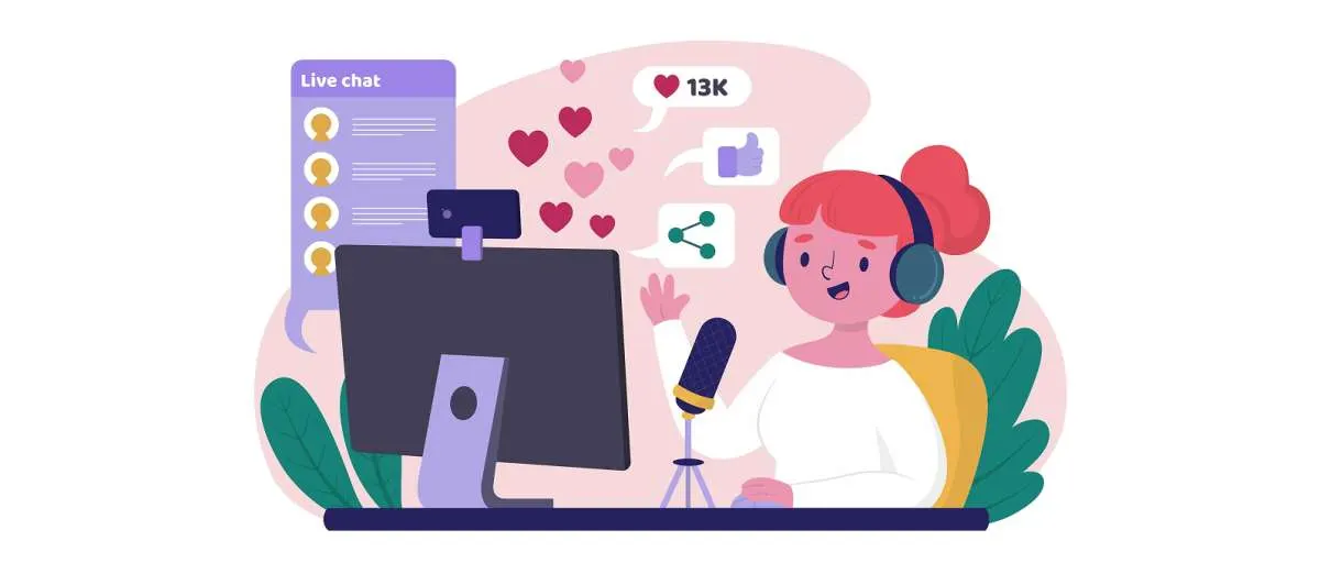 Illustration of a live streamer at a microphone next to a live chat panel, with likes and share icons