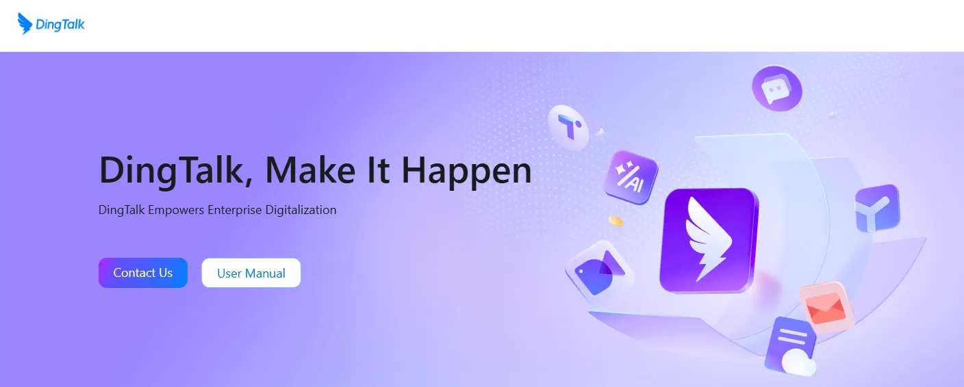 DingTalk English website banner with the slogan “DingTalk, Make It Happen”