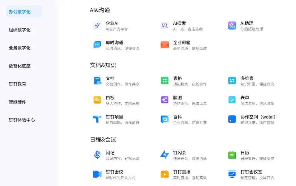 DingTalk product menu listing AI, messaging, email, documents, whiteboard, mind maps, forms, calendar, meetings and live streaming tools