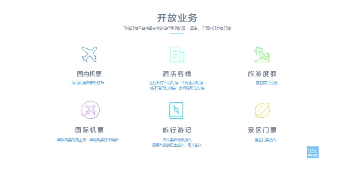 Fliggy open platform services, in Chinese: domestic and international flights, hotels and inns, vacation packages, travel products and attraction tickets