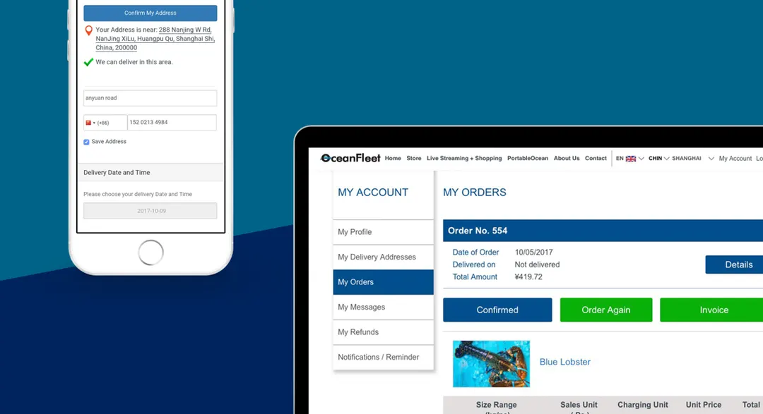 The Oceanfleet account pages, on mobile and on desktop, with the order list