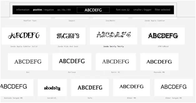 Font picker showing ABCDEFG in decorative typefaces that are hard to read and in plain, readable ones