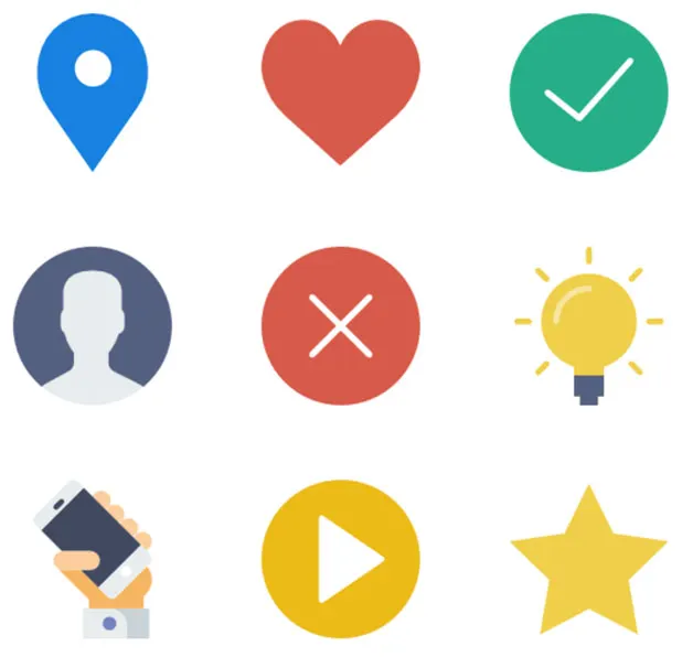 Nine flat icons: location pin, heart, check mark, user, close, light bulb, hand holding a phone, play button and star