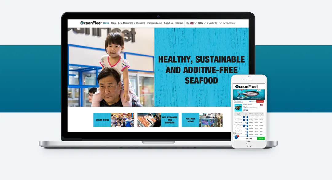 The OceanFleet home page on a laptop and a phone, on the sustainable seafood promise