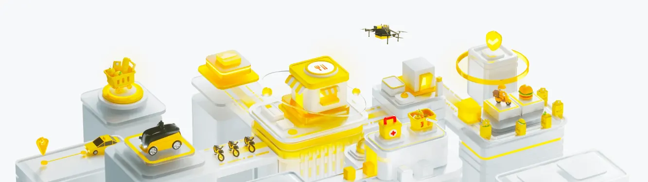 Meituan illustration of a city of yellow buildings with a shop, a delivery drone, an autonomous delivery vehicle, a taxi and shared bikes