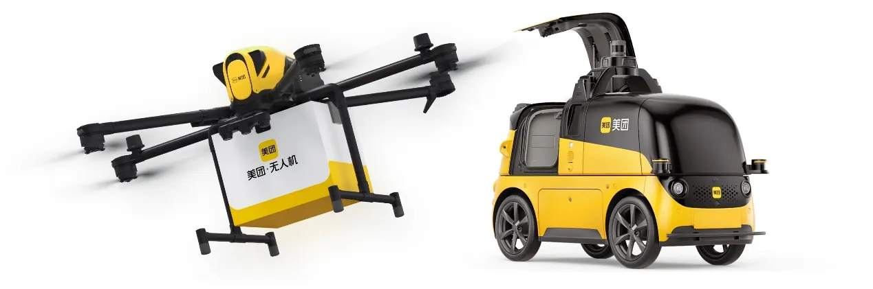 Meituan delivery drone carrying a parcel, next to a yellow and black Meituan autonomous delivery vehicle