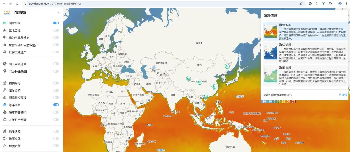 Tianditu natural resources map showing ocean temperature across Asia, Africa and Europe, with thematic layers on the left