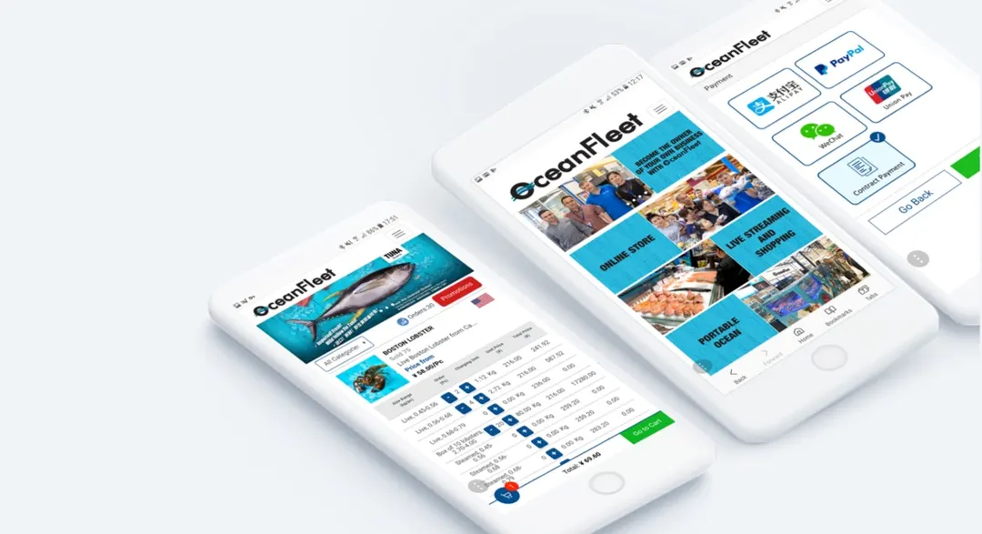 The OceanFleet ordering screens on a tablet and a phone, with the payment options