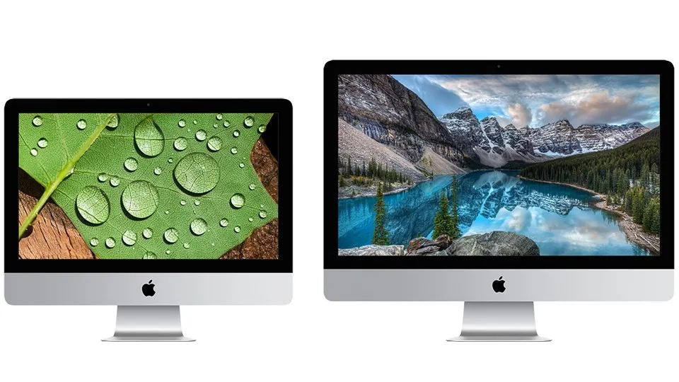 Two Apple iMac computers with high-resolution screens showing a leaf with water drops and a mountain lake
