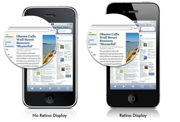 Two iPhones showing the same web page, with magnified text blurry without Retina display and sharp with it
