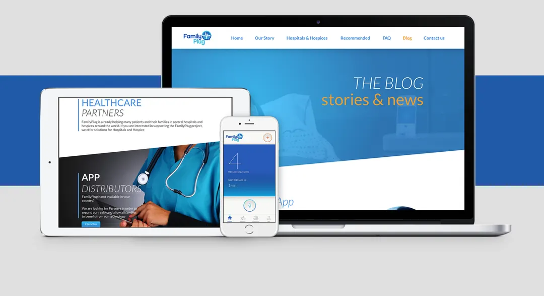 The FamilyPlug site on a laptop, a tablet and a phone, on the blog and app distribution pages