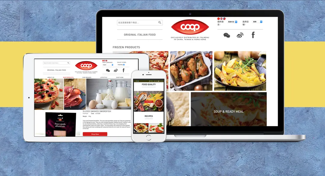 The Coop Asia site on a laptop, a tablet and a phone, on the fresh products pages