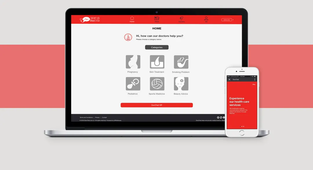 The Doc Chat home screen on a laptop and a phone, asking how the doctors can help