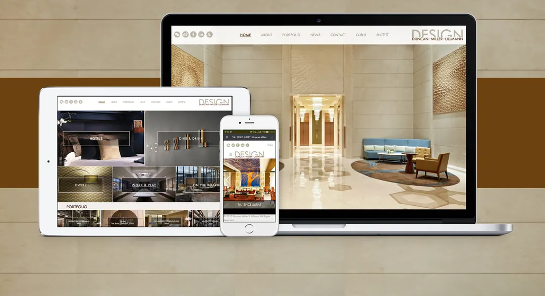 The Design DMU site on a laptop, a tablet and a phone, showing hotel interior projects