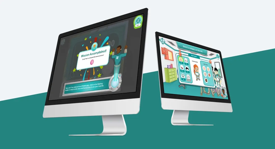 Two TechTrek course screens on desktop, with the reward animation
