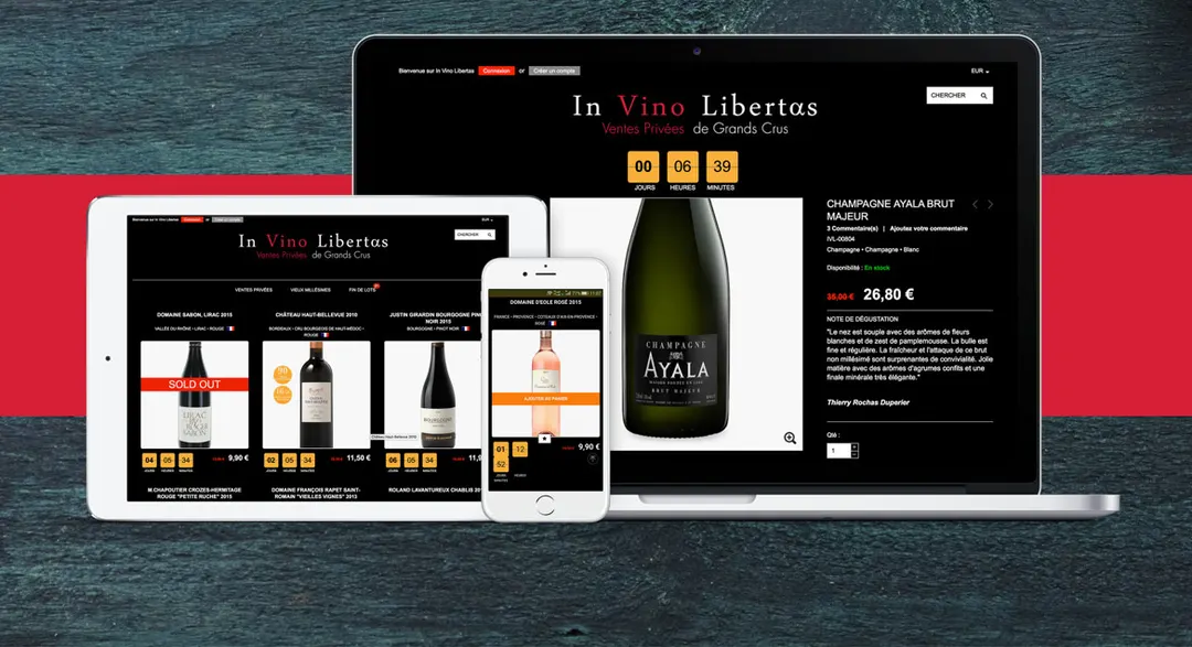 The In Vino Libertas wine shop on a laptop, a tablet and a phone