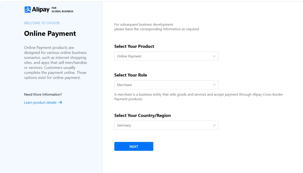 Alipay for Global Business form to choose Online Payment, the merchant role and the merchant’s country