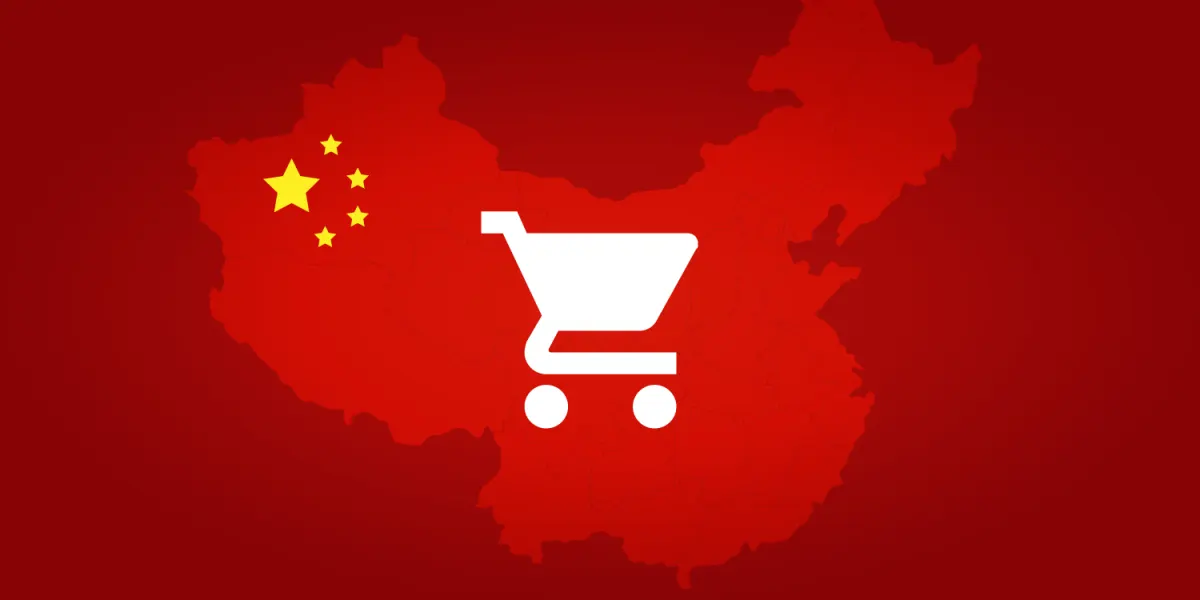 Red map of China with the yellow stars of the flag and a white shopping cart icon