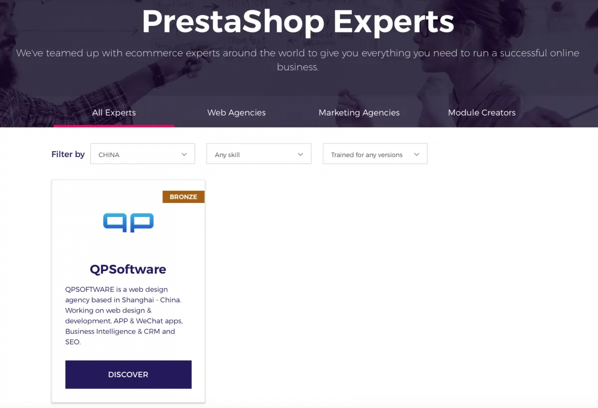 PrestaShop Experts directory filtered on China, showing QPSoftware as a Bronze partner agency