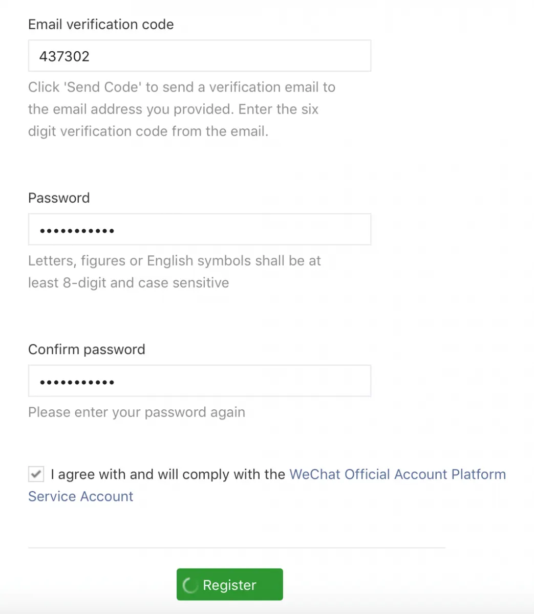 Filled-in email verification code and password fields, the agreement box and the Register button