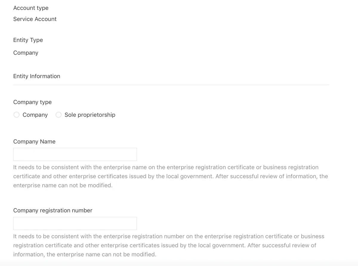 Entity information form for a service account: company type, company name and registration number
